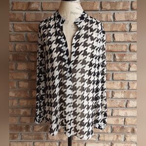 Karen Kane Sheer Black and White Houndstooth Long Sleeve Button-Down Blouse